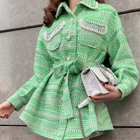 Office Ladies Tweed Coats Design Pearls Tassel Loose Casual Jackets Women Elegant Single Breasted Lace Up Coat Striped Outerwear
