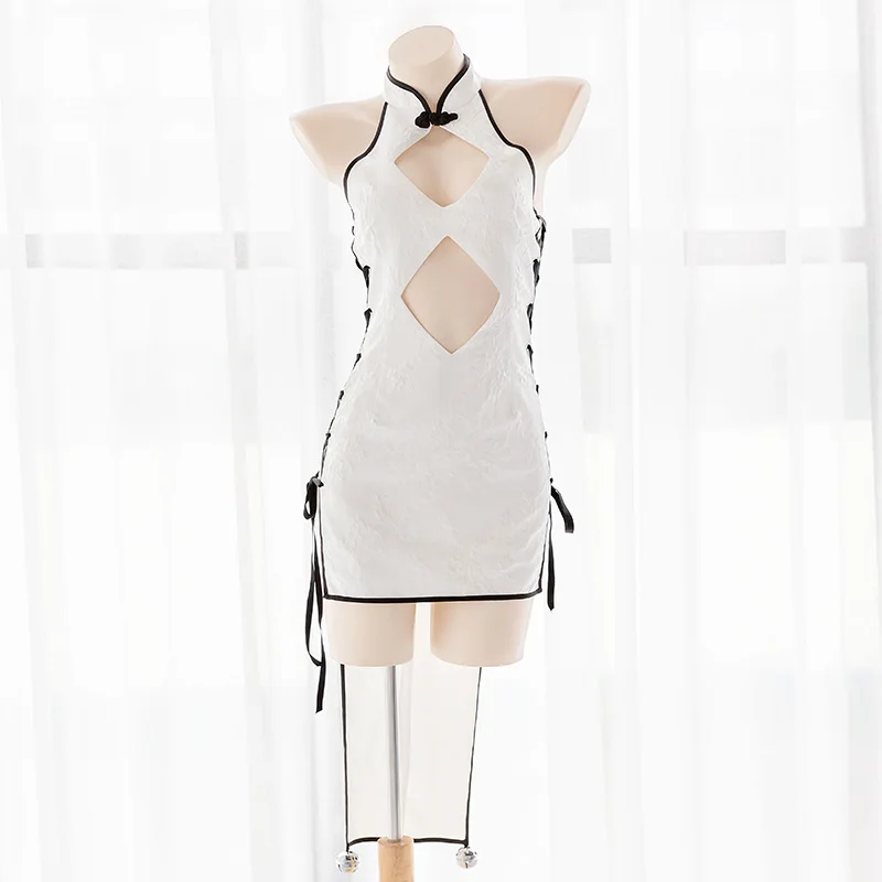 

Japanese Women Hollow Out Open chest Cheongsam Pajamas Girls High Split Strap Vintage Sexy Side Lace-up Dress Nightdress Cosplay