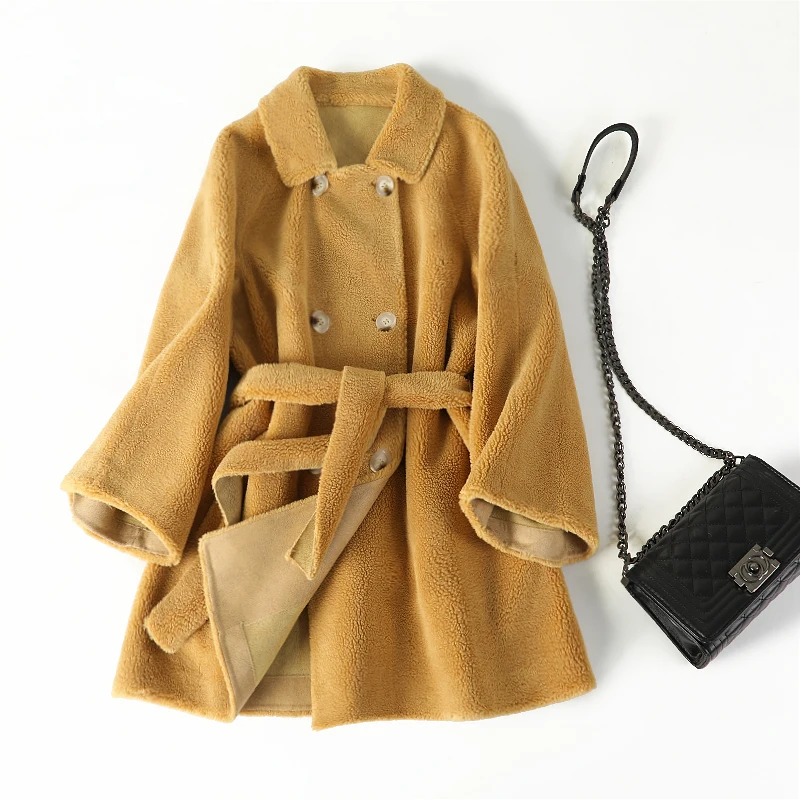 Новинка 2019 шерстяное пальто с поясом средней длины из меха и шерсти женская