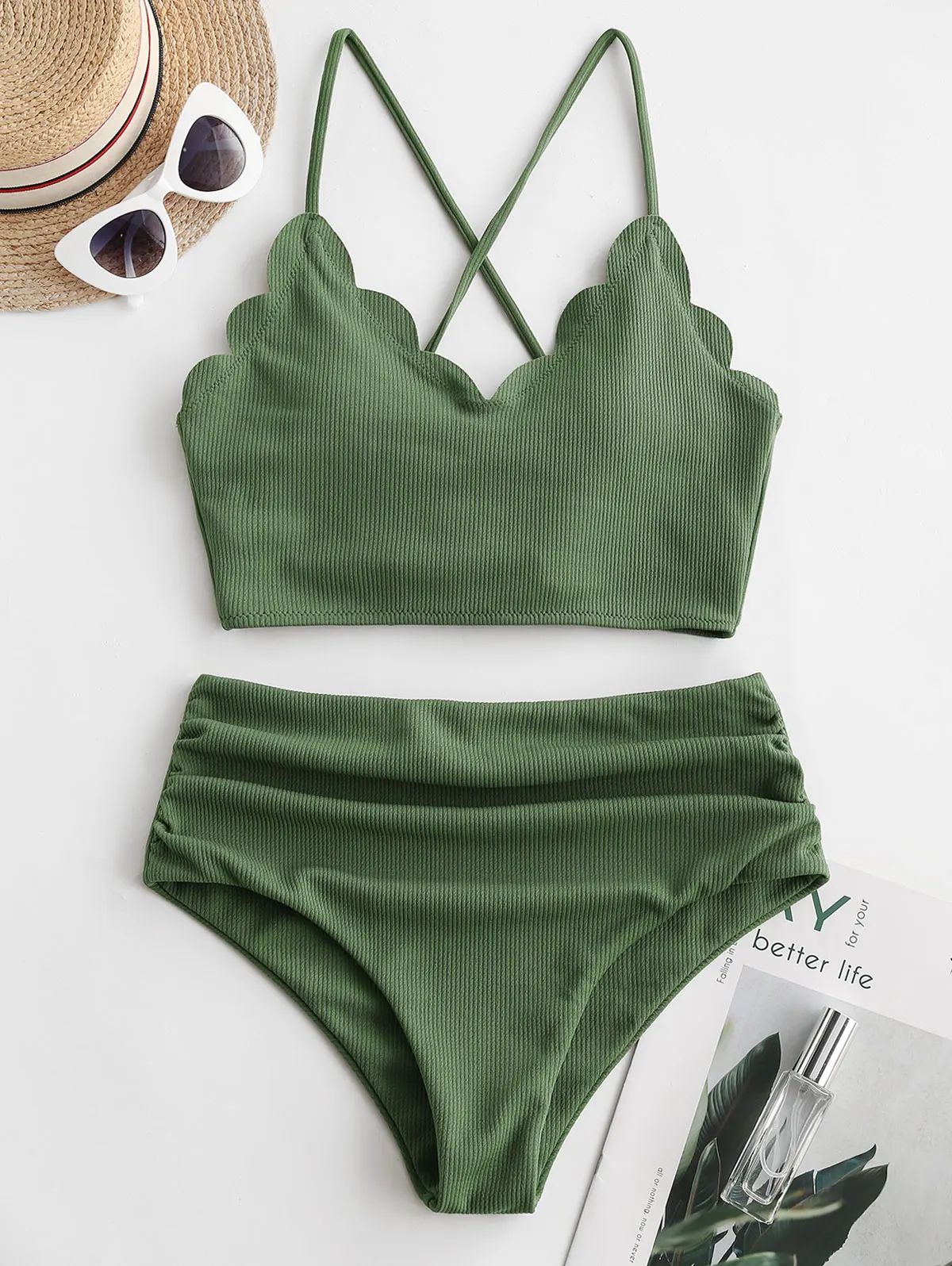 Zaful ребристые Scalloped Кружева Ruched танкини купальники для женщин