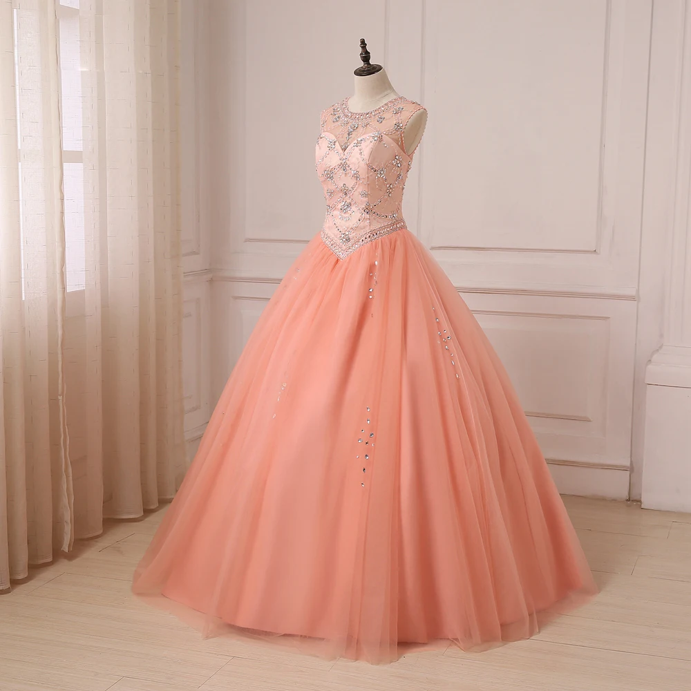2020 платье Quinceanera коралловый Глубокий круглый вырез без рукавов с бисером Стразы