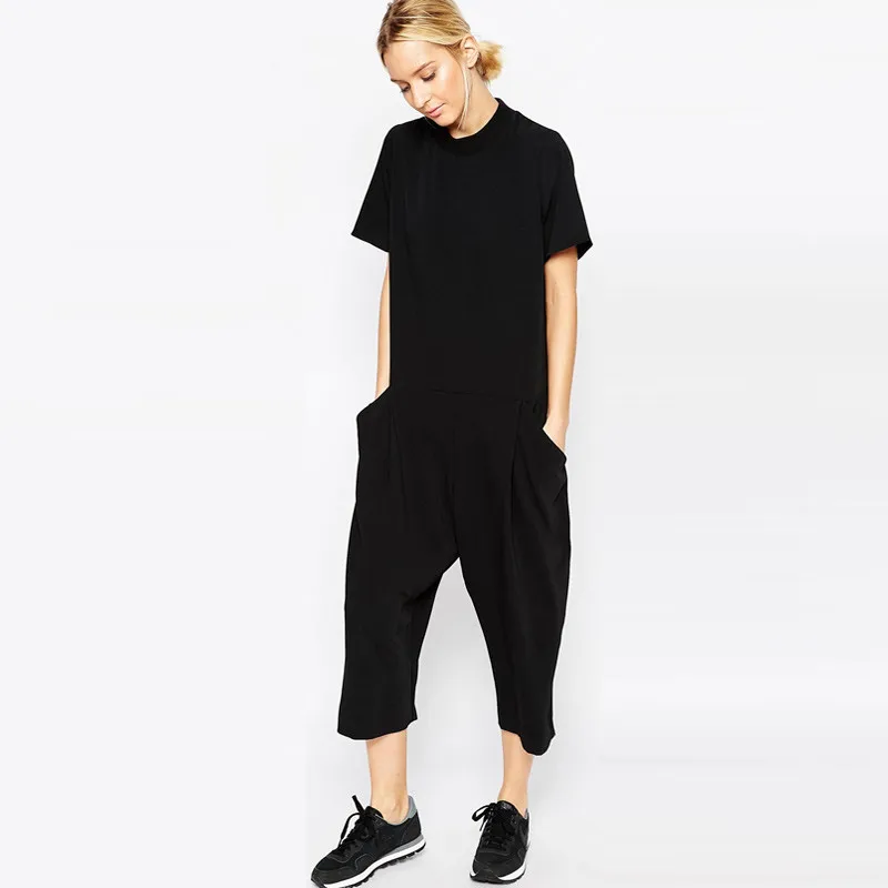 

New One Piece Jumpsuit Women Linen Black Loose Jumpsuit Side Dual Pockets Harem Pants Rompers Overalls macacao feminino D03406Y