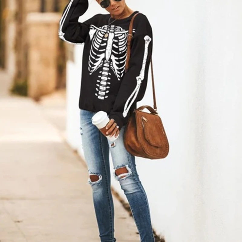 

2021 Autumn Women's Fashion Sweatshirt Long Sleeve O-Neck Loose Pullover Tops Casual Skull Printed Sweatshirts Female Streetwear