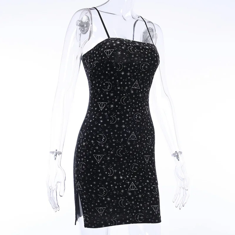 

Casual Mini Bodycon Black Dress Gothic Vintage Moon Star Print Sleeveless Sexy Dersses Streetwear Lady Dress Gothic Dress