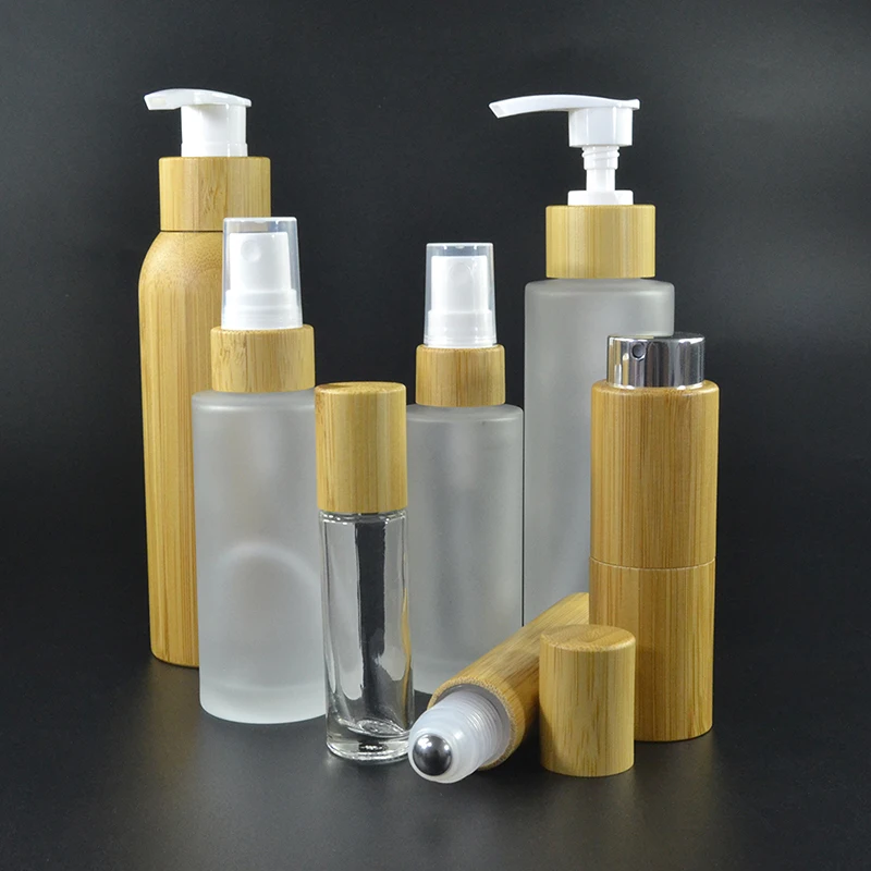 Wholesales 30ml 50ml Perfume Essential Oil Frosted Glass Cosmetic Bottle 100ml 120ml 150ml with Bamboo Spray Pump Cap