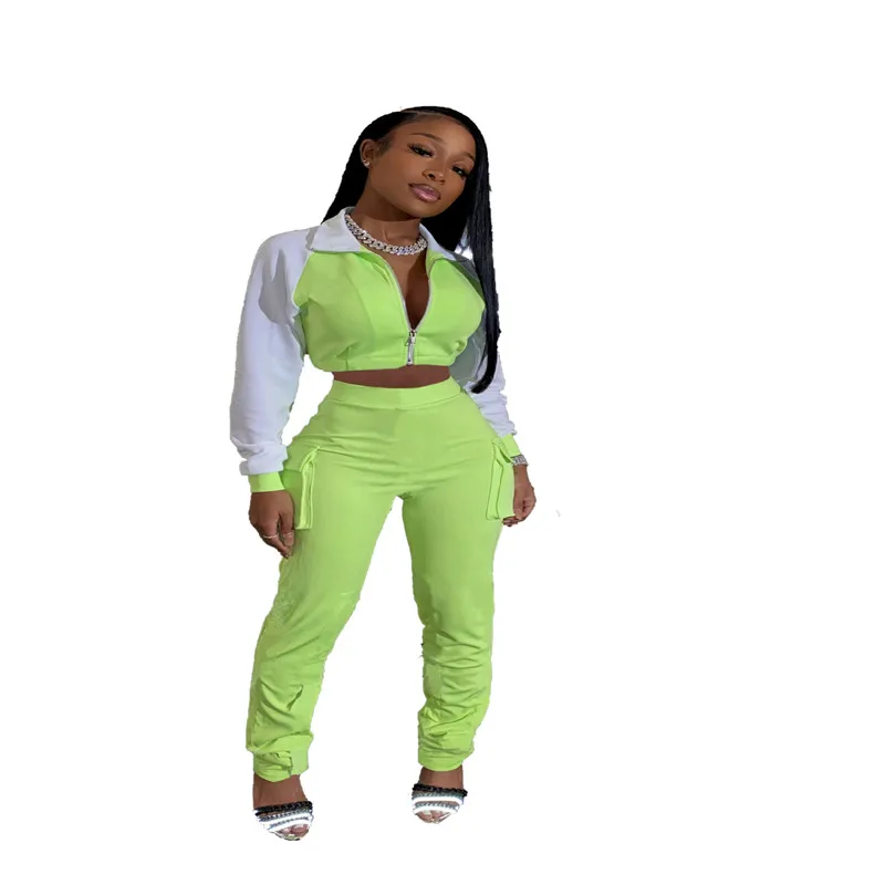 

Sportwear Patchwork Women's Set Two Piece Set Zipper Tops Pocket Jogger Pants Suit Tracksuit Matching Set Casual Outfit