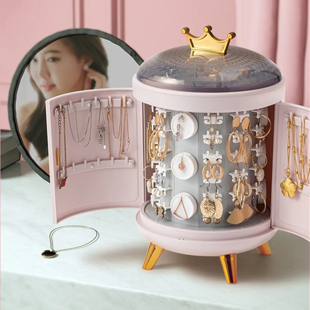 360 Rotating Crown Jewelry Box Organizer Rings Cosmetic Storage Box Earring Necklace Display Holder Desktop Organizer Xmas Gift