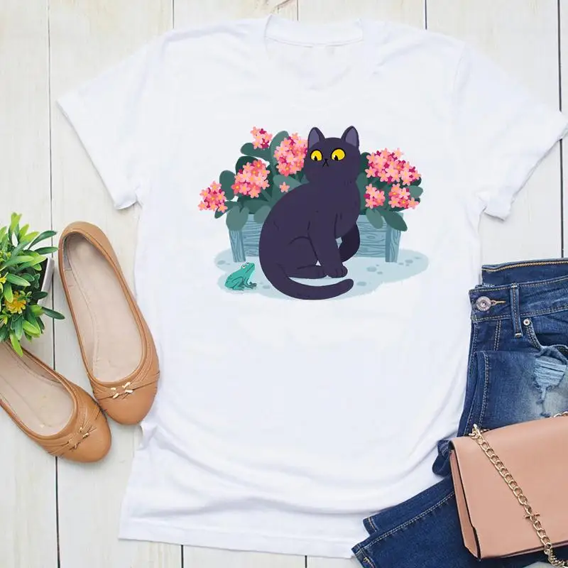 

Women Fashion Print 90s Graphic Cat Lovely Style Cartoon 2021 Cute Summer Short Sleeve Female Clothes Tops Tees Tshirt T-Shirt