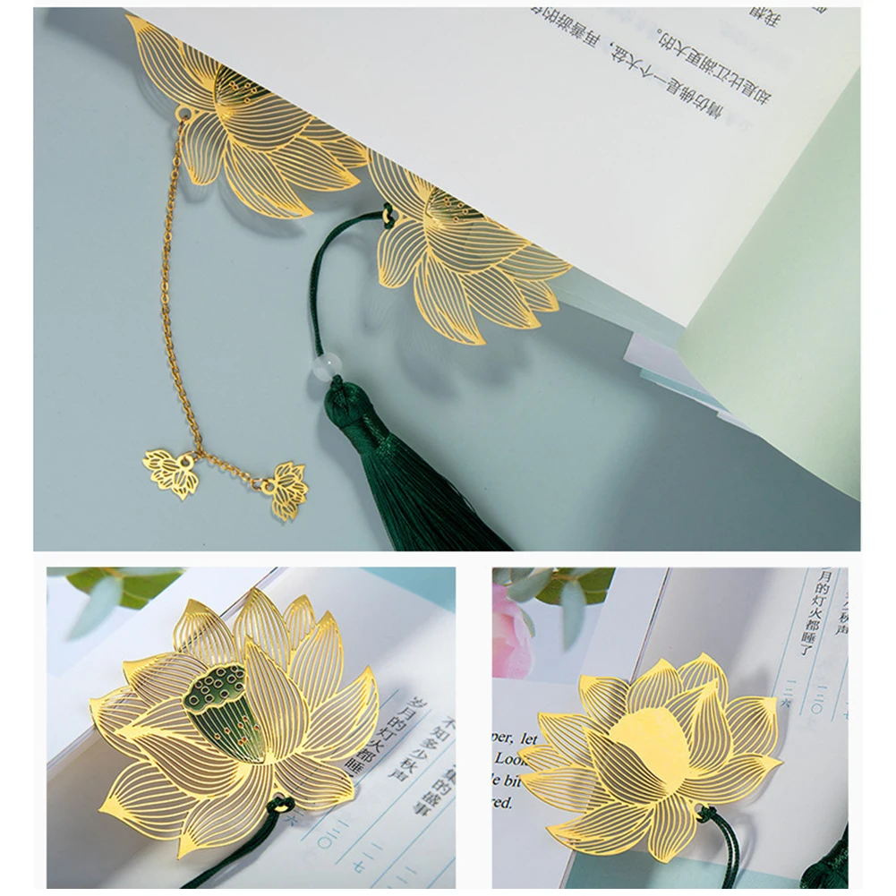 Color Lotus Tassel Bookmark Chinese Retro Style Brass Creative Flower Specimens Book Mark Stationery School Office Supply |