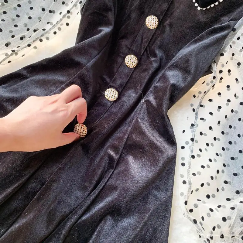 Черное платье в горошек стиле ретро сетчатые женские бусы-кукла облегающее