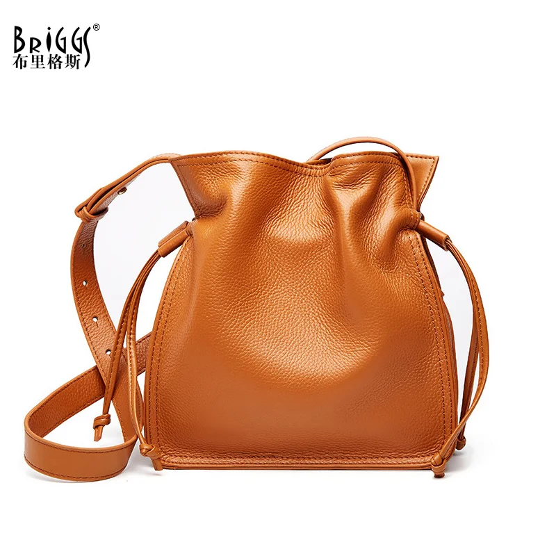 

BRIGGS Small Bucket Bag Genuine Cow Leather Wide Strap Ladies Shoulder Bag Luxury Handbags Women Bags Designer sac a main femme