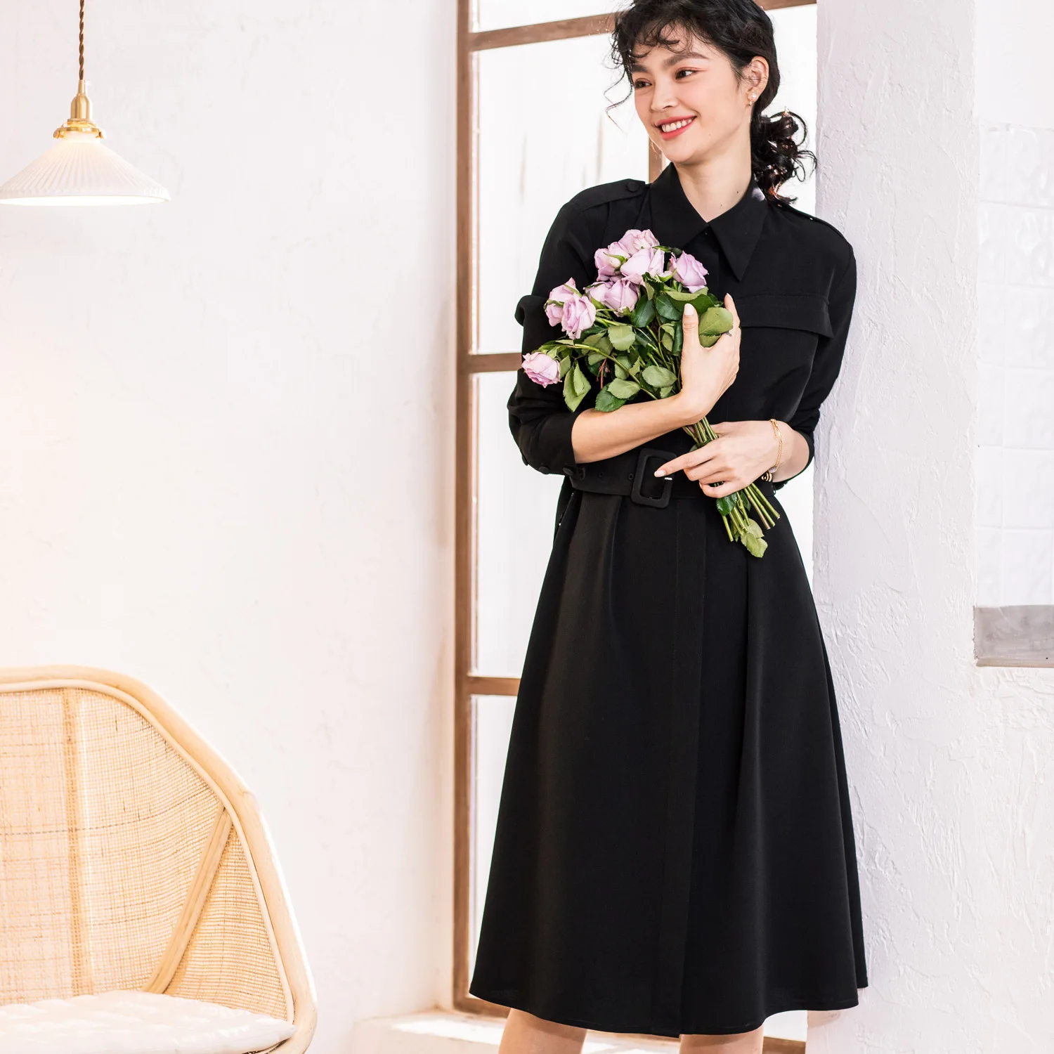 

Top Formal Women's Spring Swing Cute A-line Medium Length Red Dress Witn Belt Femininity Korean Single Breasted Lapel 8867