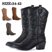 womens cowboy boots bottine femme vintage pointed toe mid calf boots square heels knee high slip on booties botas de mujer