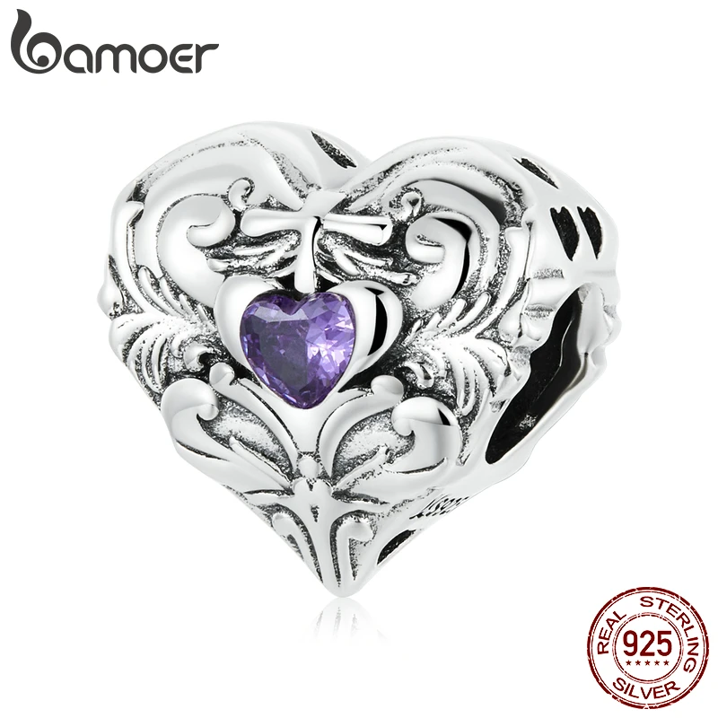 

BAMOER, Стерлинговое Серебро 925 пробы, винтажный узор, сердце, очарование, фиолетовый кристалл любви, подходит для женщин, оригинальный браслет ...