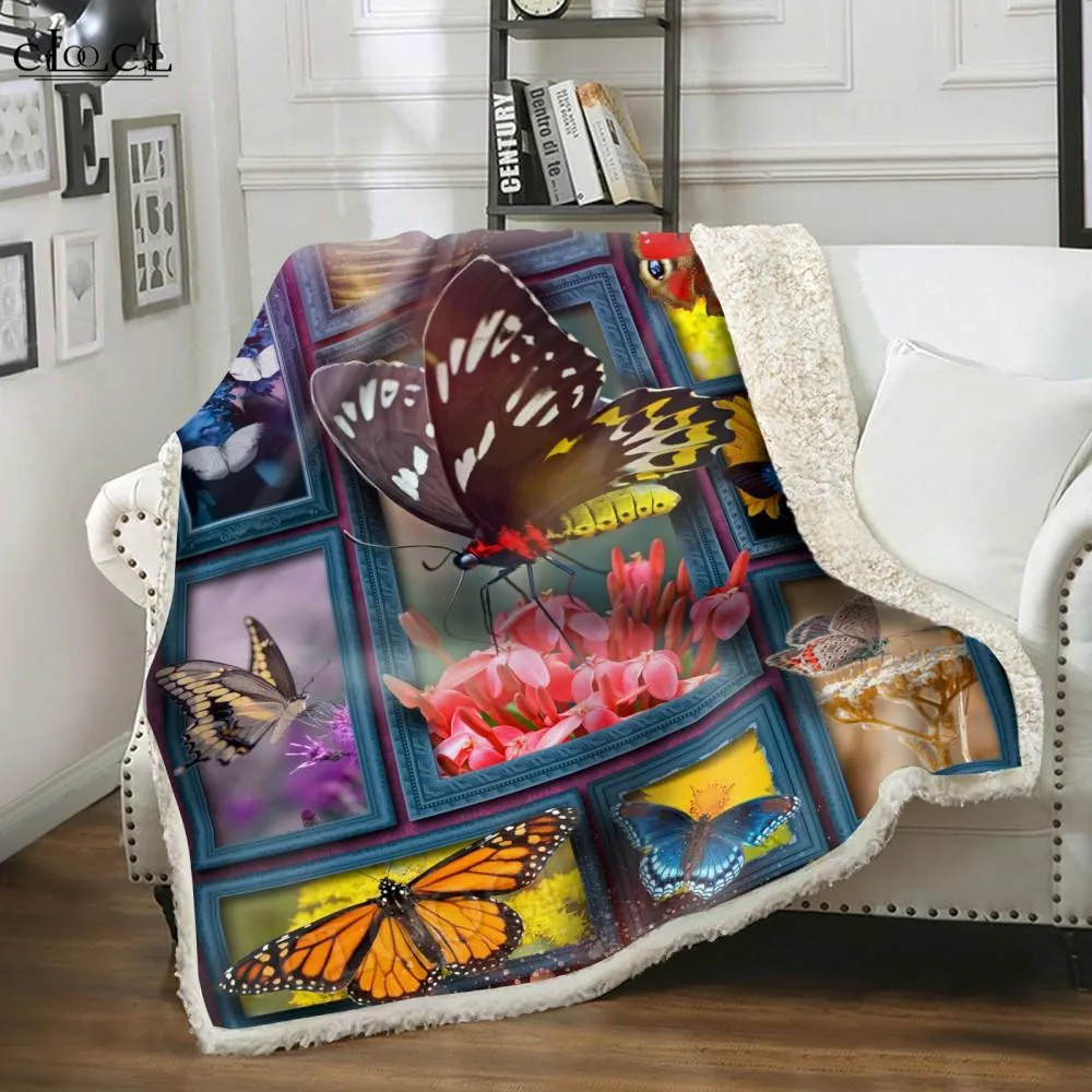 

CLOOCL Butterfly Blankets 3D Graphic Wildlife Marine Lives Photo Frame Splicing Double Layer Blanket Fashion Funny Plush Quilts