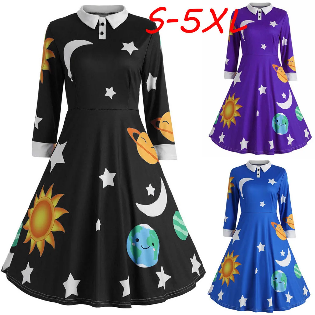 Модное женское платье с принтом в виде Солнца и Луны звезд винтажное длинным