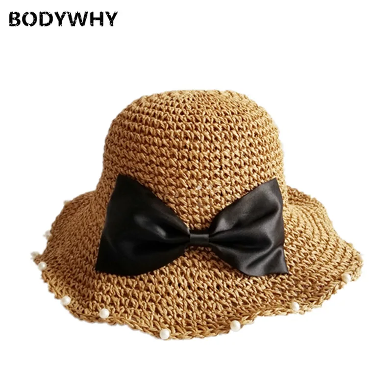 New High Quality Hat Female Korean Summer Sun Visor Net Red Fisherman Hat Japanese Wild Beach Pearl Bow Straw Hat Free Shipping
