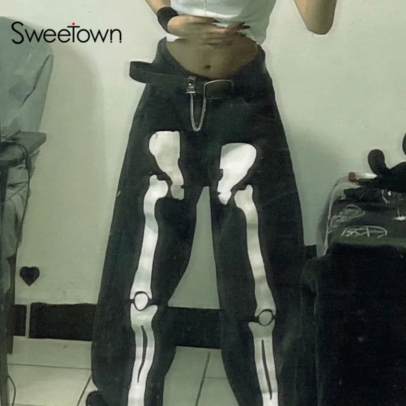 

Sweetown Skulls Printed Goth Baggy Wide Leg Jeans Women Low Waist Cargo Pants Dark Academic Techwear Punk Style Denim Trousers