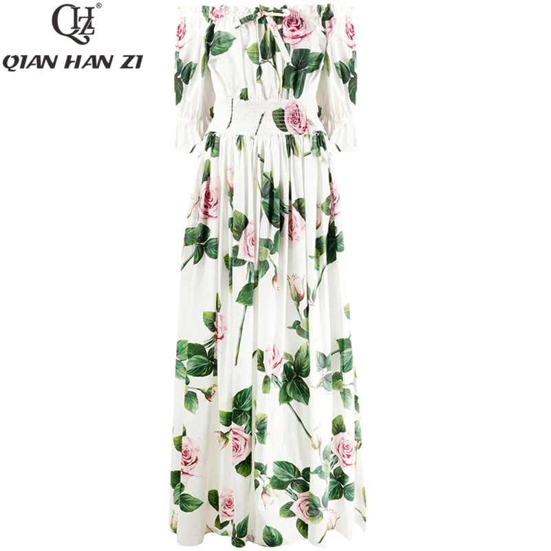 

Qian Han Zi brand designer fashion summer dress female elastic waist Floral Print Elegant Holiday cotton maxi dresses