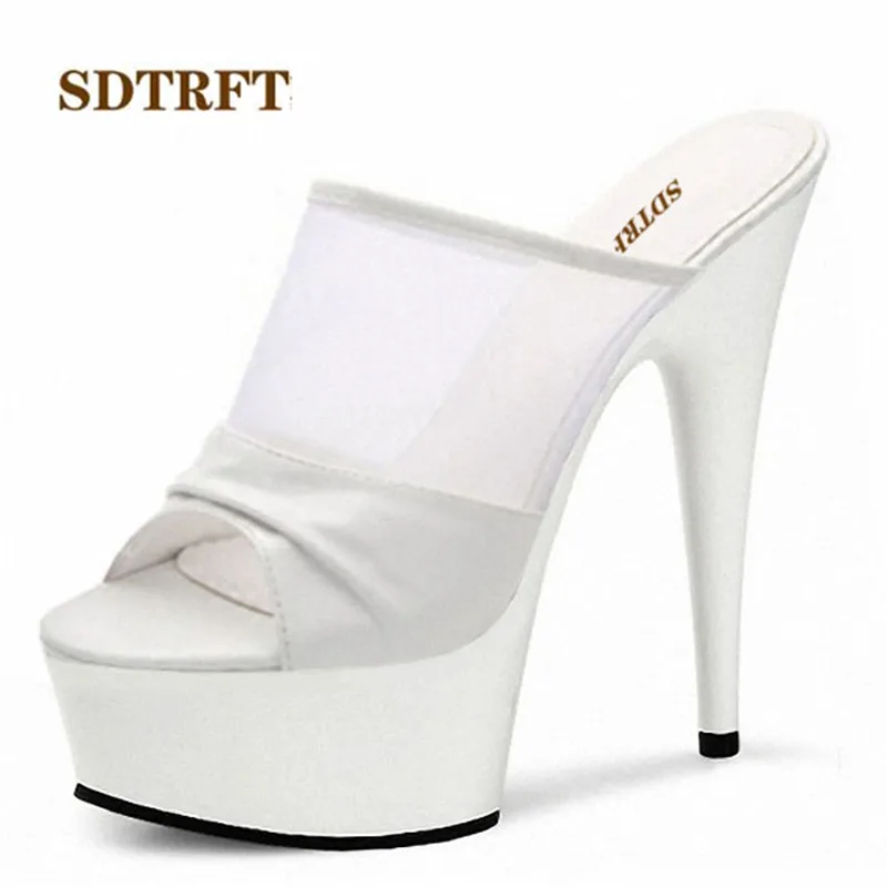 

SDTRFT Pumps Waterproof women shoes 15cm Thin hig heels Fish mouth feminino Transparen Crossdresser Stiletto Plus:35-46