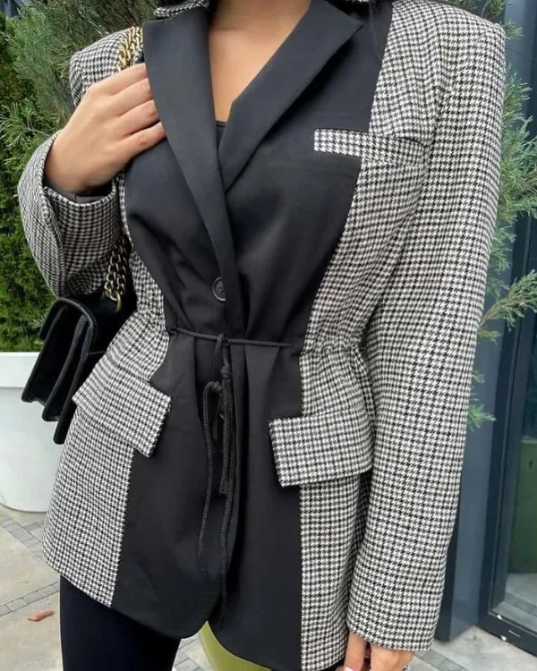 

Plaid Print Color Matching Drawstring Waist Button Slim Fit Jacket Women Fall/winter 2021 Casual Elegant Pocket Design Jacket