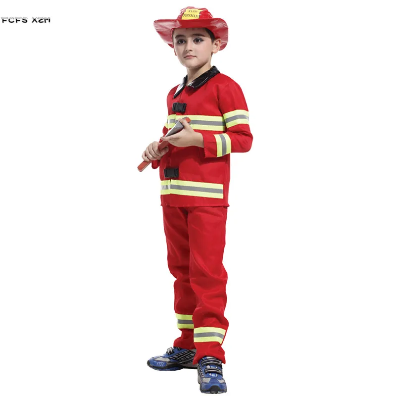 

Boy Halloween Firemen Costumes Kids Children Firefighter Uniform Cosplay Carnival Purim Parade Stage Show Role Play Party Dress