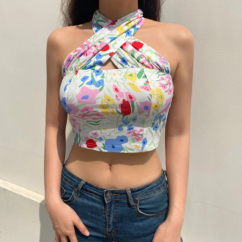 

ZOVSV Floral Print Backless Halter Top Women Summer Sexy Sleeveless Cropped Tanks Camis Y2K 90s Fashion Camisole Streetwear