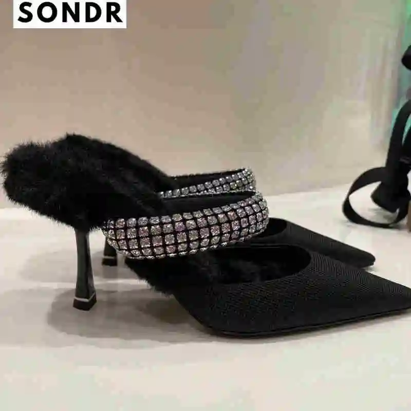

Autumn/winter 2022 new pointed high heels Baotou rhinestone half-supported hairy shoes with women's shoes