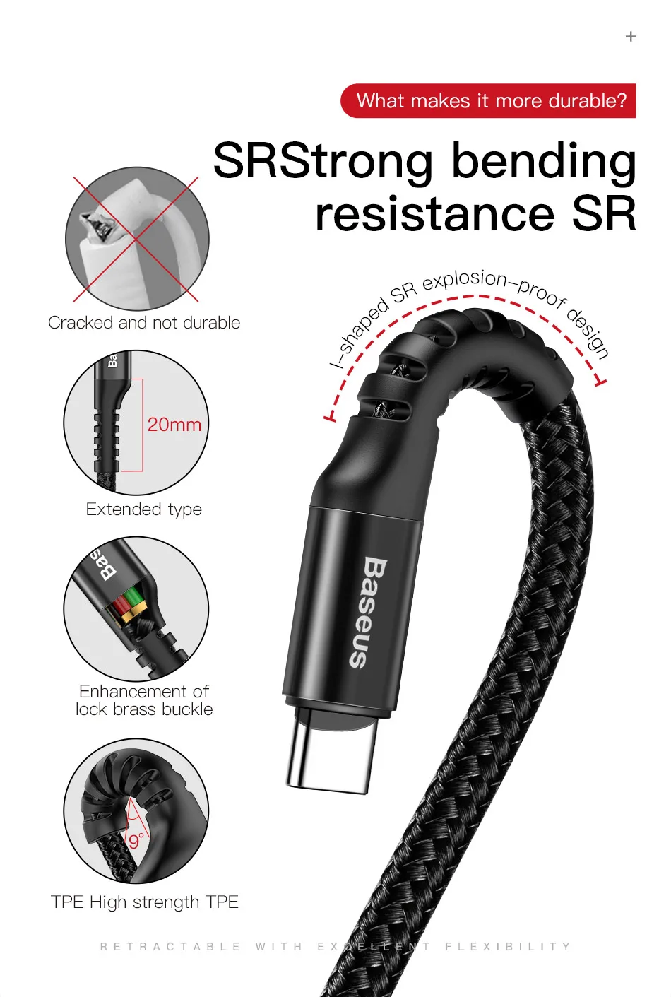 Baseus весна выдвижной usb type c кабель быстрой зарядки данных для samsung s9 s8 huawei oneplus 6 xiaomi 9 note 7 зарядное устройство Android