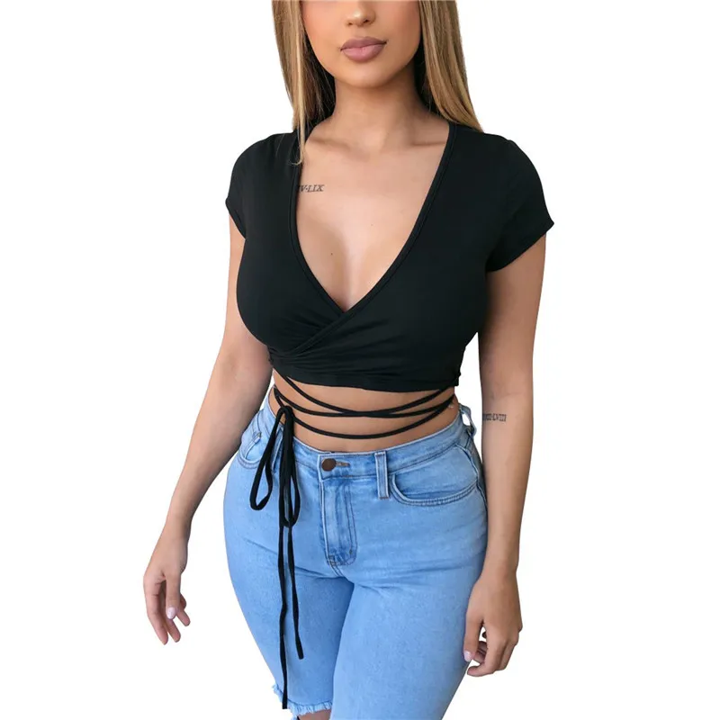 Xingqing женские пикантные однотонные Цвет футболка с v-образным вырезом для шеи и