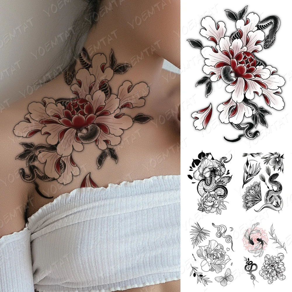 Waterproof Temporary Tattoo Sticker Dark Old School Snake Flower Flash Tattoos Black Henna Body Art Arm Fake Tatoo Women Men