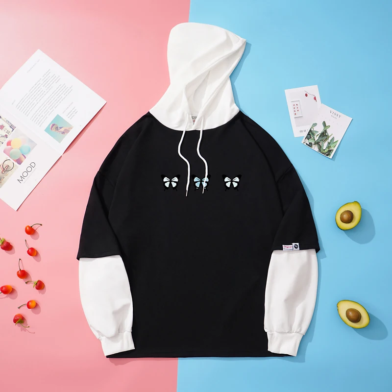 

Bangtan Boys Butterfly Print Hoodie Casual Korean Kpop Fake Two Pieces Splicing Sweatshirt Women Men Unisex Fans Support Clothes