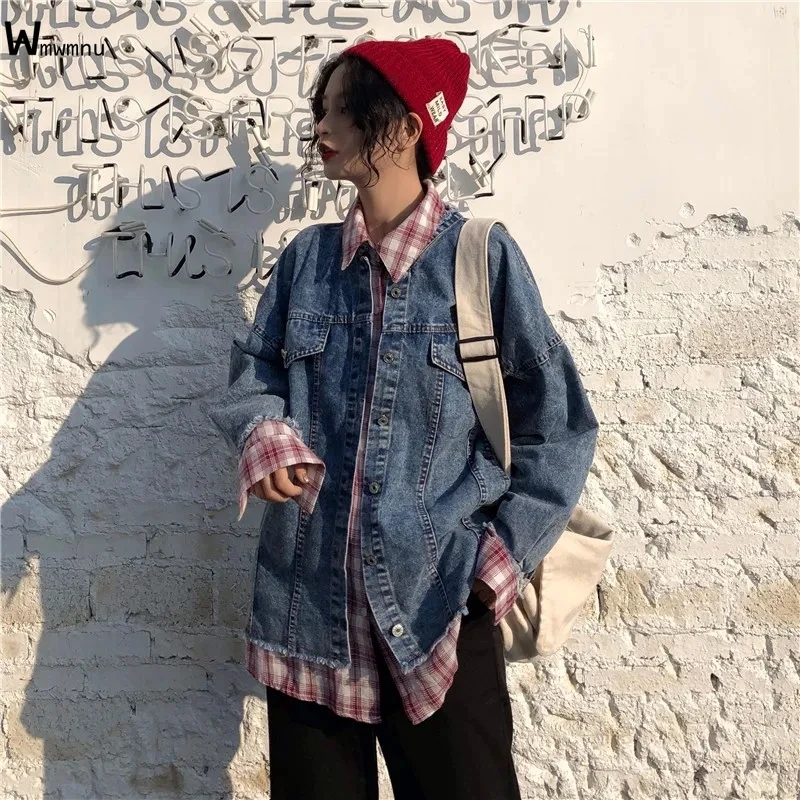 

Autumn Streetwear Loose Casual Jean Coats Korean Long Sleeve Outerwear Female Spring Spliced Plaid Fake-Two Denim Jacket Women