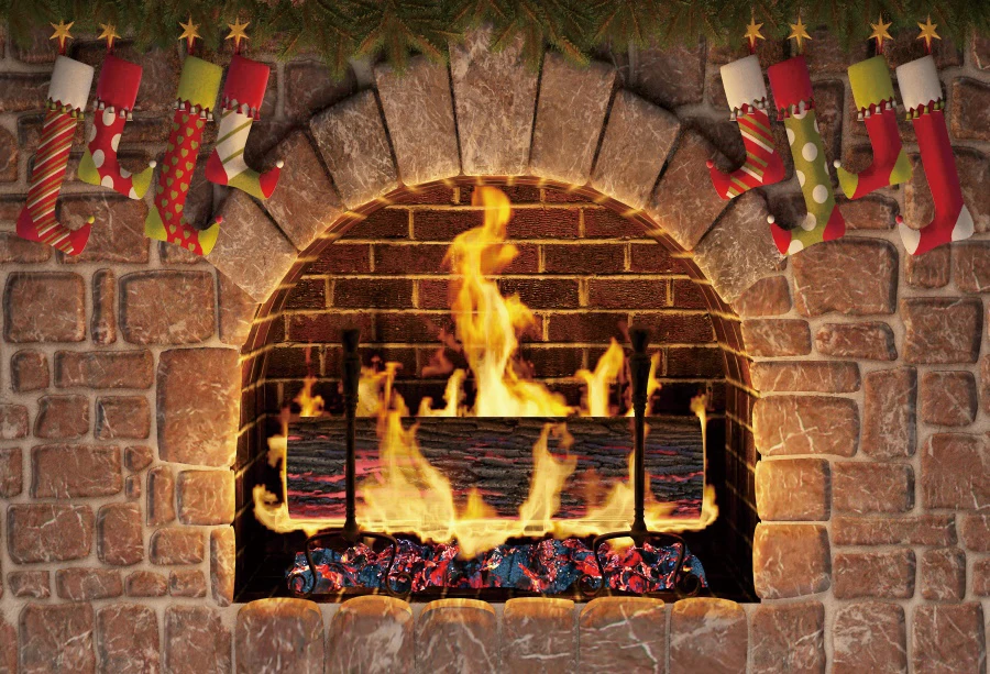 

Winter Fireplace Console Wood Burning Fire Flame Brick Christmas Decor Baby Photo Backdrops Photography Background Photo Studio
