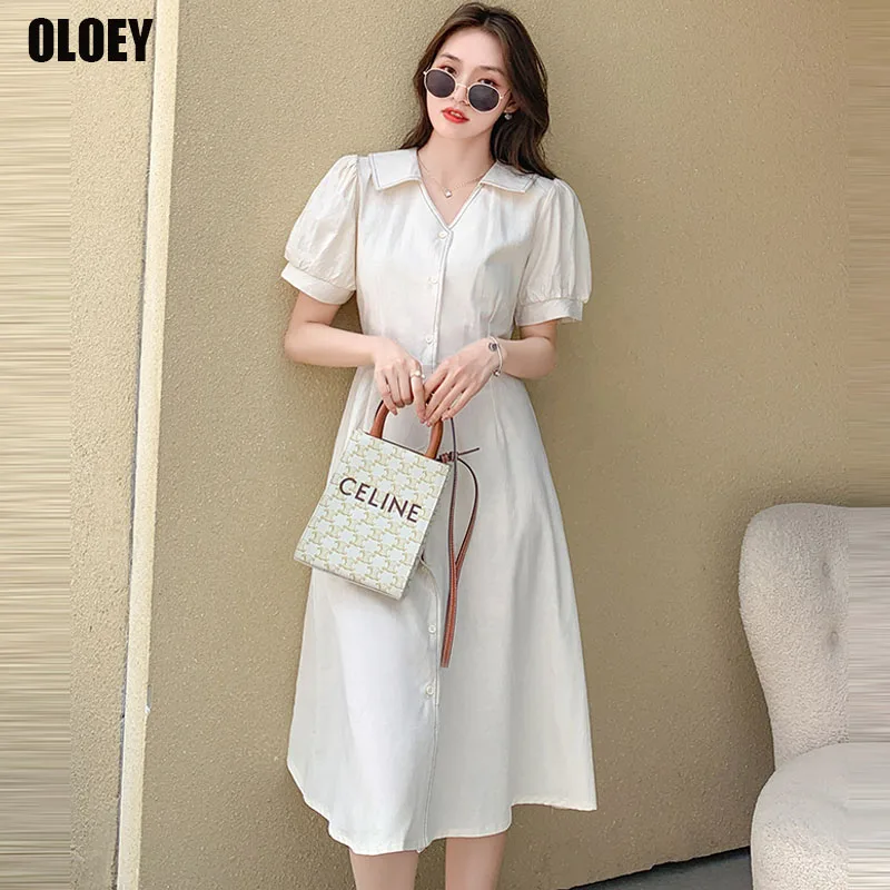 

Korean Women 2021 New Fashion Summer Single-Breasted V-Neck One-Piece Elegant Women Office Long Dress French Vintage Midi Dress