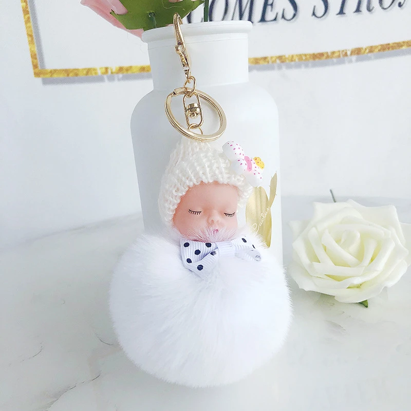 

New sleeping baby keychain fake Fur Pom Pom Key Chain Women Trinket Car Key Ring Keychain Jewelry Gift fluffy keychain on bag