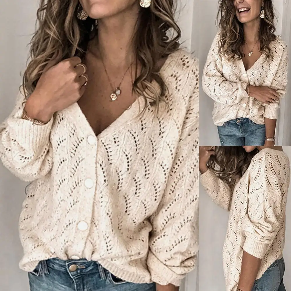 

Women Autumn Winter Sweater Crocheted Hollow Single-breasted Knitted Cardigan