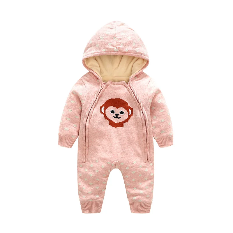 Newborn Baby Girl Boy Autumn And Winter Plus Cotton Hooded Jumpsuit Climbing Suit Cartoon Double Zipper | Мать и ребенок