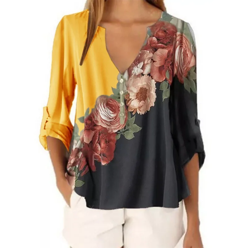 

Woemn Floral Print Blouse Splice Shirt Women's V-neck Loose Casual Summer Fashion Half Sleeve Tops New Lady Office Tee Shirts