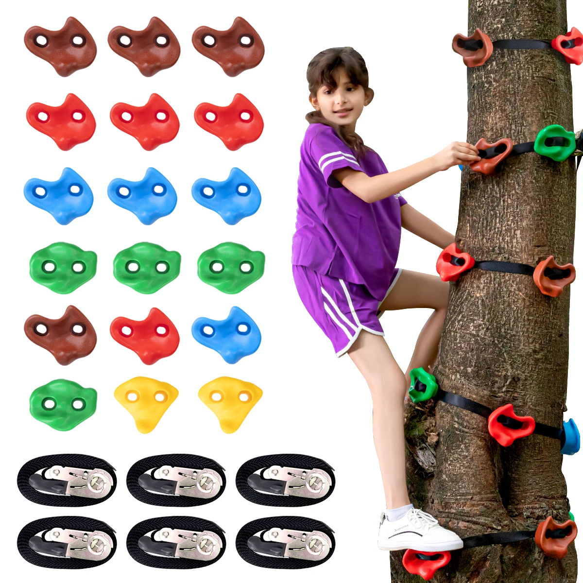 

Climbing Holds and 6 Sturdy Ratchet Straps for Kids Tree Climbing, Large Climbing Rocks for Outdoor Course Training
