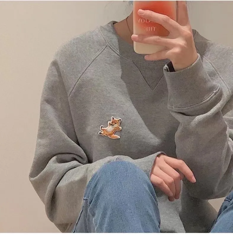 

2021 New Classic Fox Head Embroidered O-neck Casual 100% Cotton Long Sleeve Sweatshirt Autumn Top Casual Slim Pullover