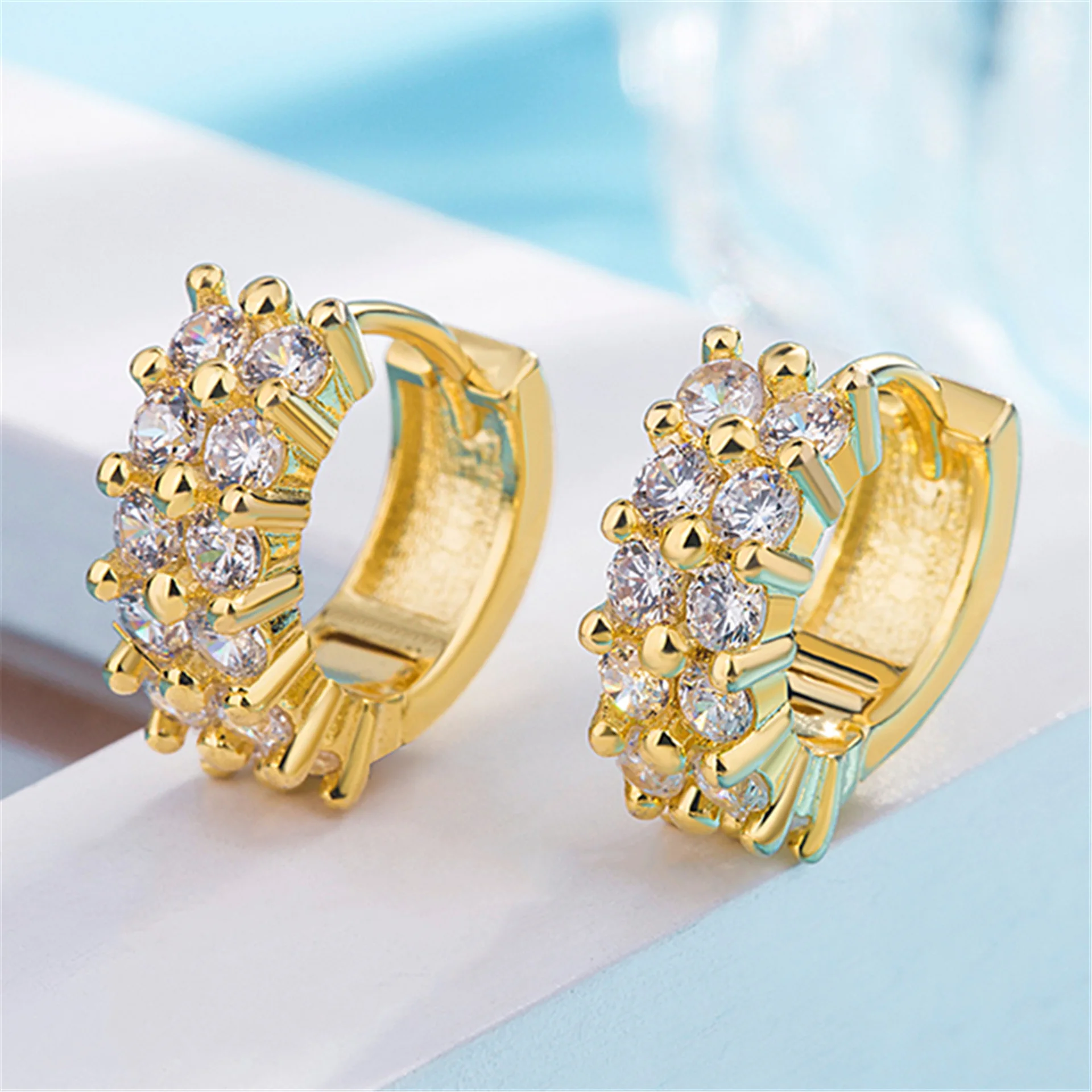 

HKMMH 925 Sterling Silver Korean Double Row AAA Zircon Hoop Earrings Women Fashion Golden Color Elegant Gorgeous Oorbellen