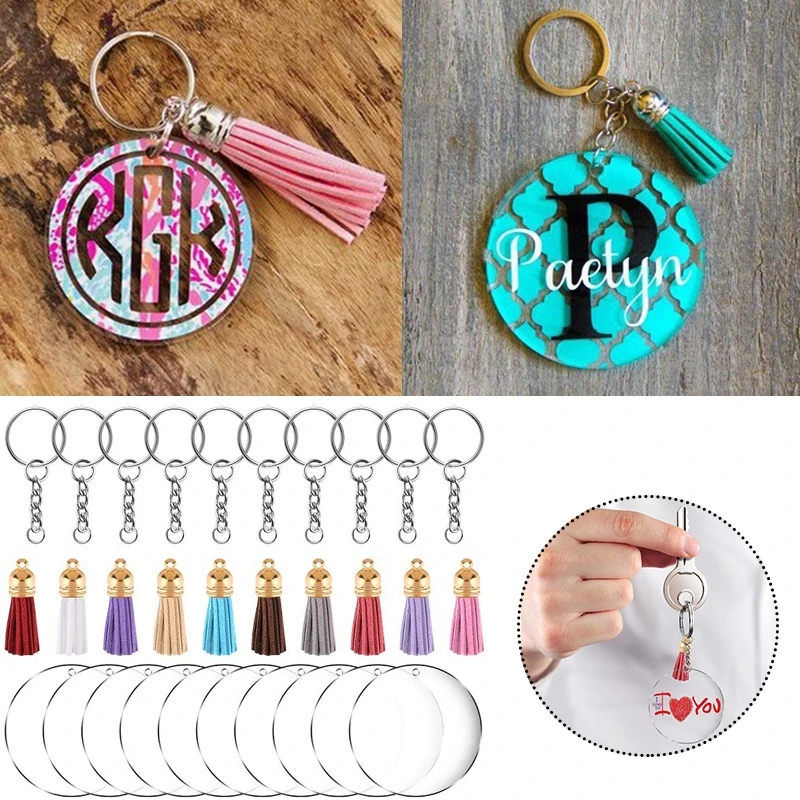

200PCS Acrylic Clear Circle Discs Keychain Set Round Acrylic Keychain Blank Leather Tassel Pendant Jump Rings for DIY Dropship