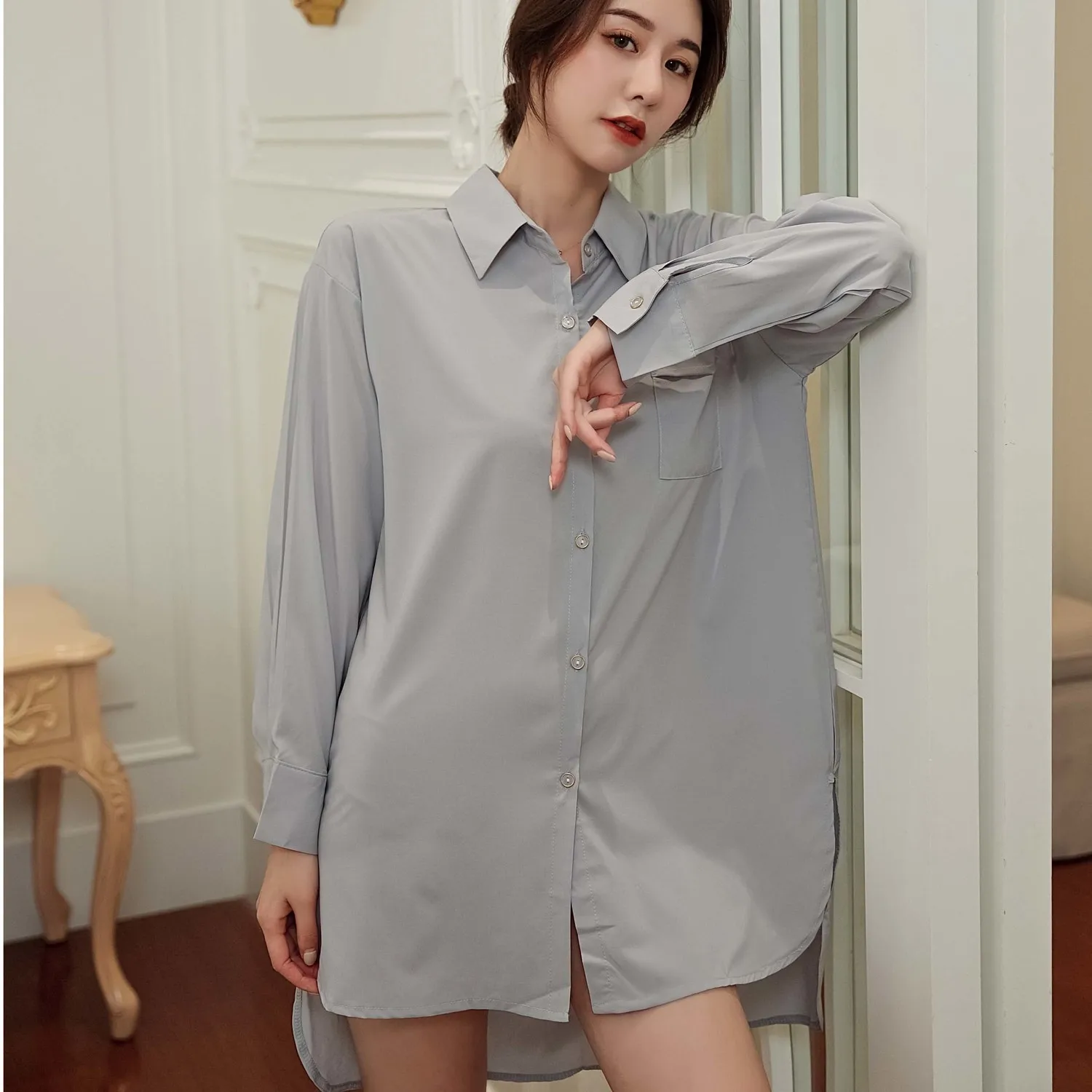 

Gray Nightshirt Female Loose Nightgown Bathrobe Lapel Satin Sleepwear Nightdress Soft Rayon Sleep Dress Nightwear With Buttons