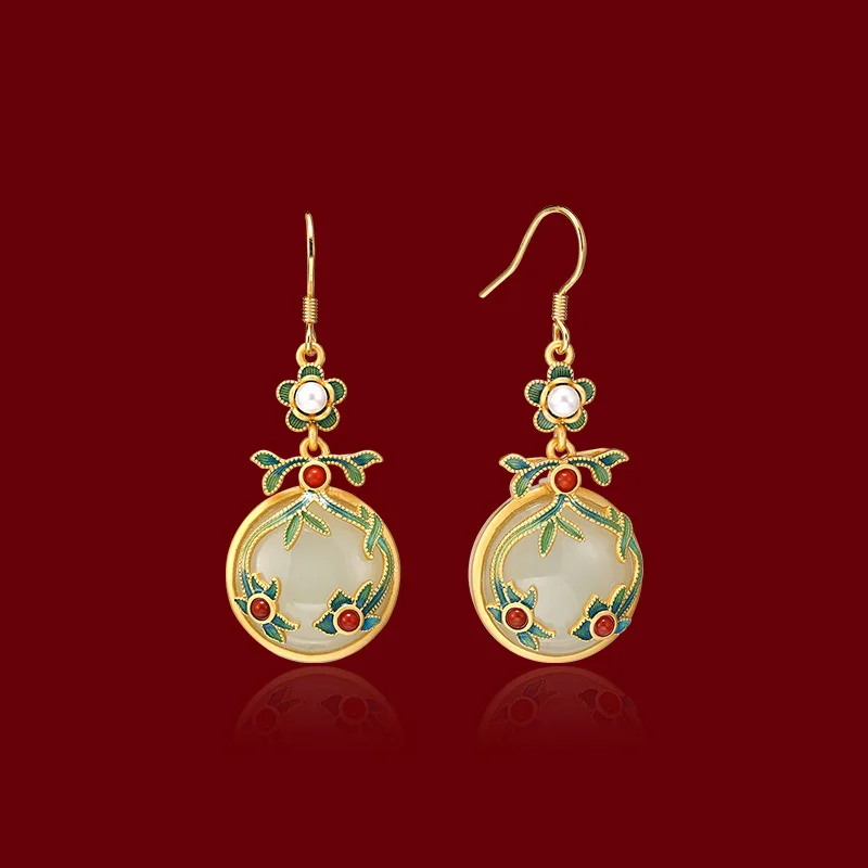 

BLACK ANGEL Ladies Retro Elegant Flowers Painting Enamel Inlaid Khotan Jade Long Drop Earrings for Women Vintage Jewelry