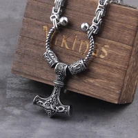 stainless steel king chain with rune beads and thors hammer mjolnir viking necklace with wooden box as boyfriend gift