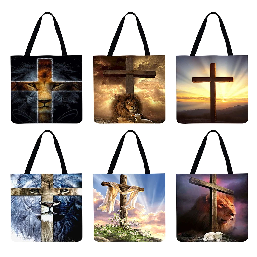 

Linen Shopping Bag Foldable Square Storage Bag Outdoor Travel Ladies Shopping Fashion Cross Printed Handbags