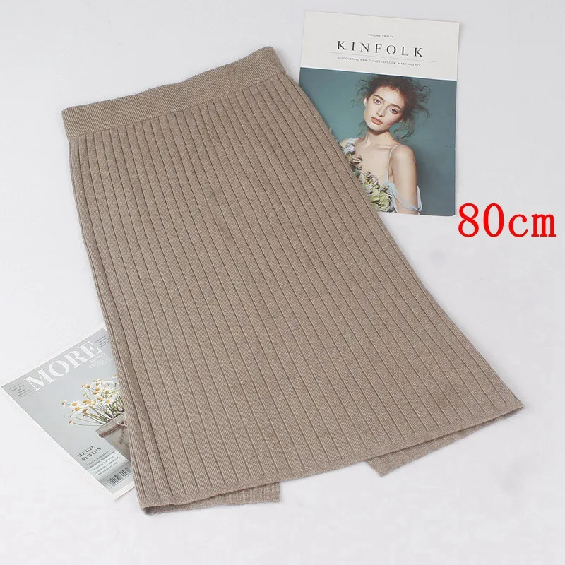 khaki 80cm long ONLYSVTER 60-80 см осень зима теплая Женская юбка-карандаш Модный повседневный вязаный край юбка длинные женские трикотажные юбки - Цвет: khaki 80cm long