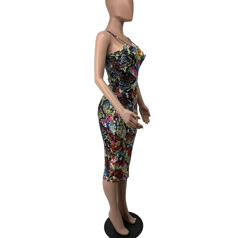 

HXFZ 2021 New Summer Dress Women Strap Serpentine Print Sexy Fashion Backless Night Club Party Sheath Midi Dresses