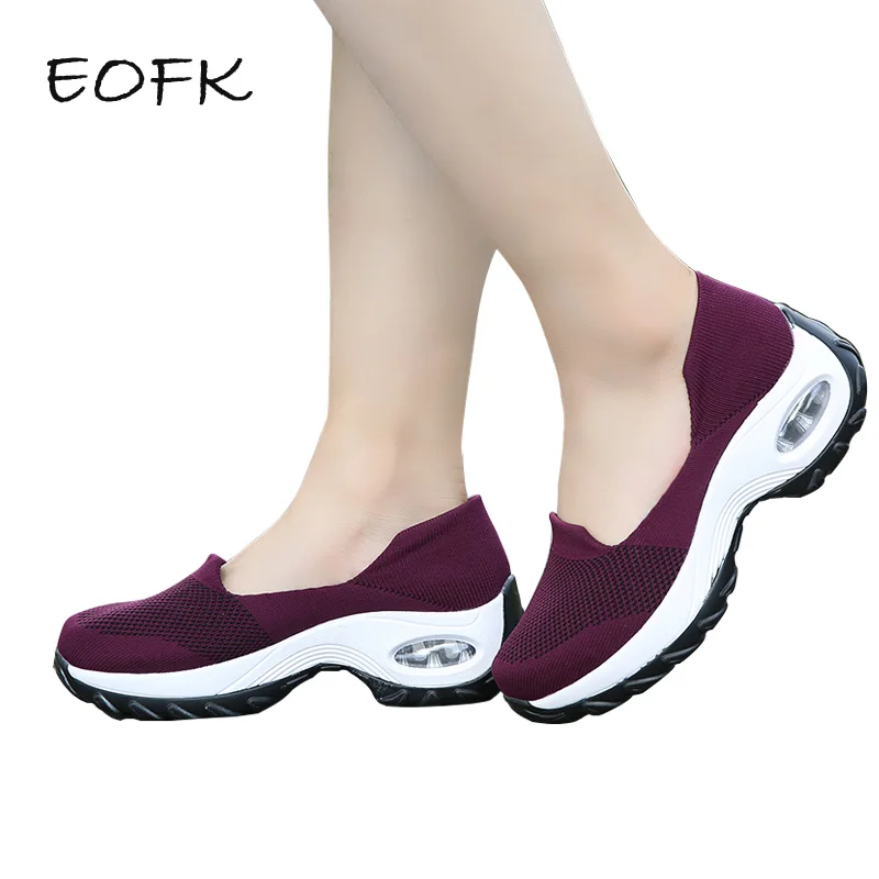 EOFK/женские кроссовки; коллекция года; слипоны; сезон осень; вязанные; амортизирующая спортивная обувь для женщин; Цвет винно-красный; удобные женские лоферы на плоской подошве